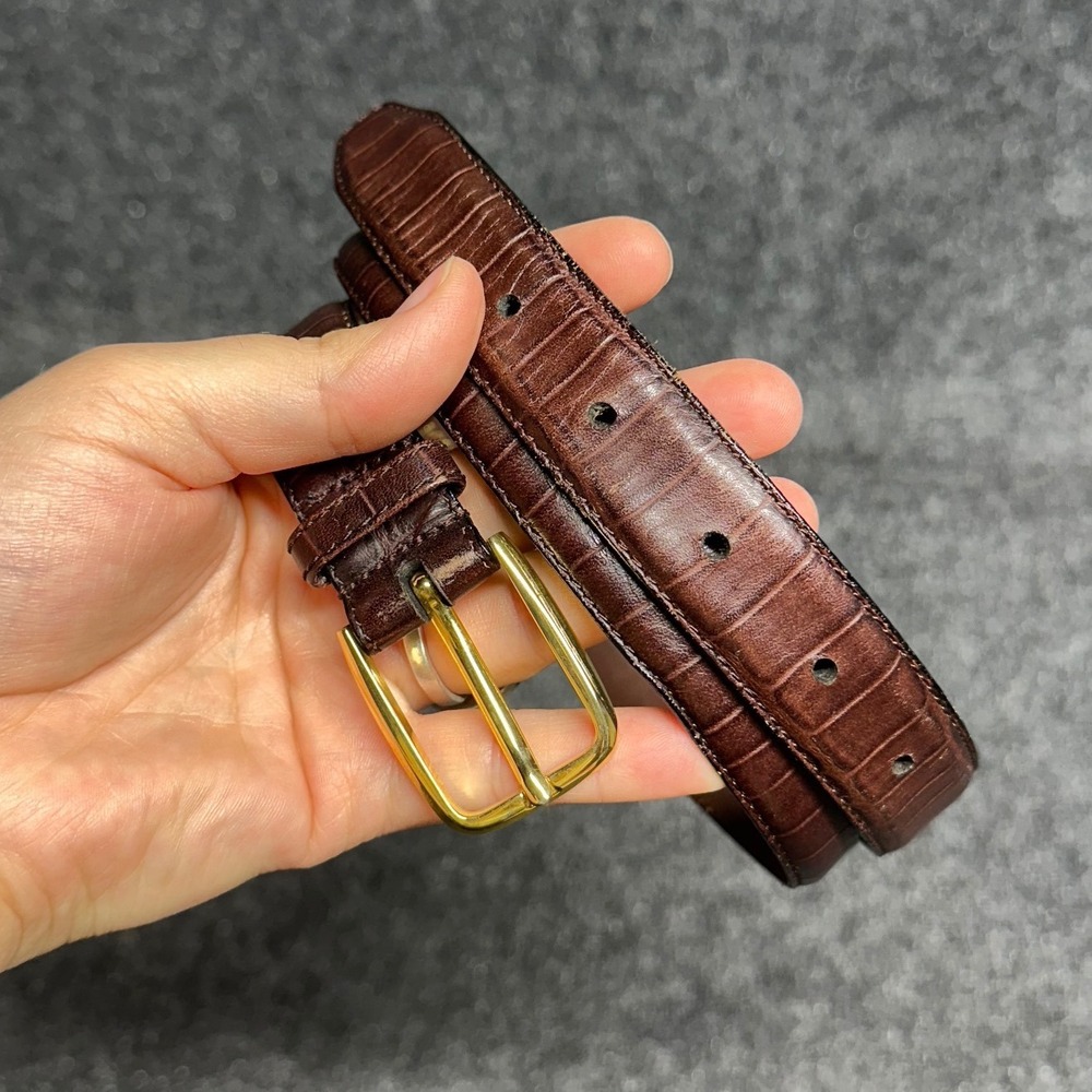 Crocodile Leather Brown Belt Classic Luxury Brass Buckle Staple Old Money 36